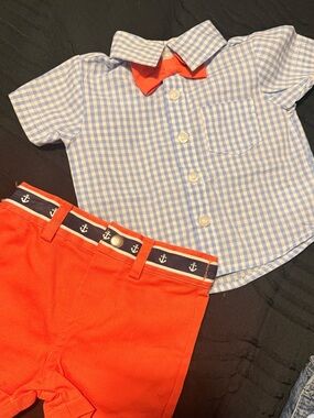 Edgehill Collection Blue Gingham Shirt with Orange Shorts and Bow Tie